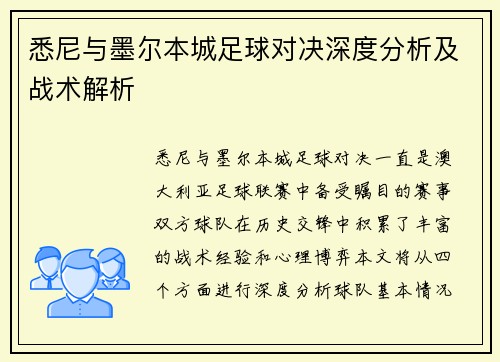 悉尼与墨尔本城足球对决深度分析及战术解析